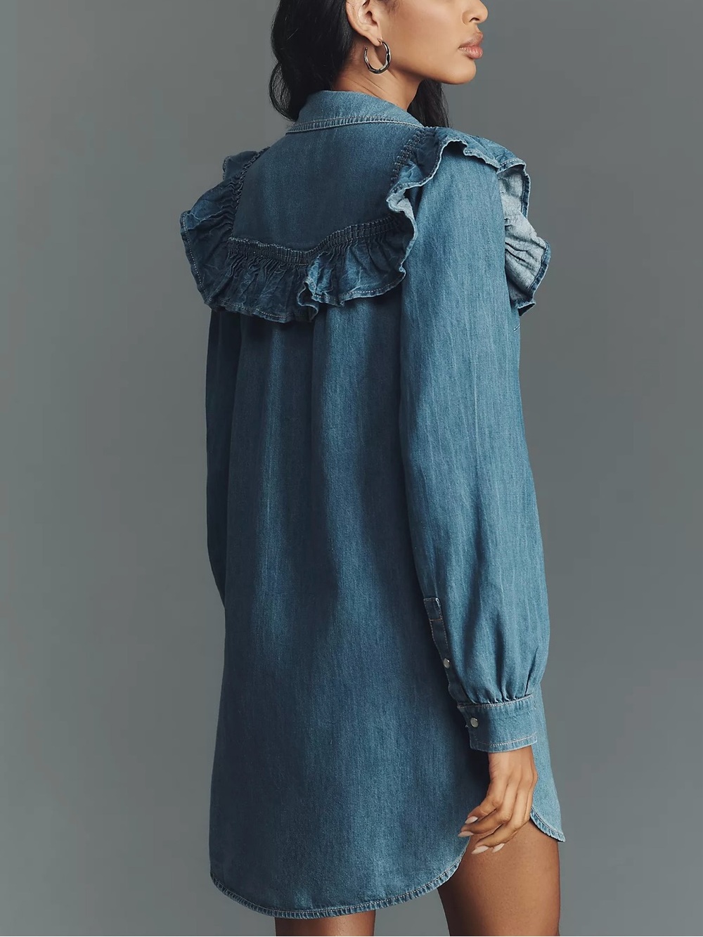 NWT Anthropologie Pilcro Size Large Blue Ruffle Denim Mini Shirt Dress - Picture 4 of 16